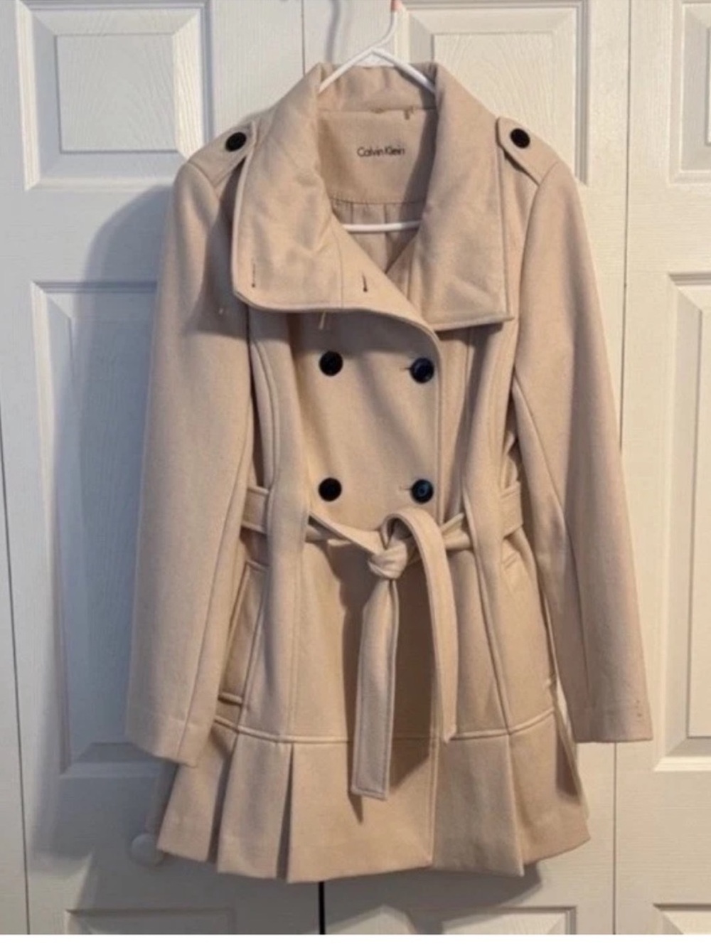 Calvin Klein Women's Cream Double-Breasted Pea Coat with Belt LIKE NEW